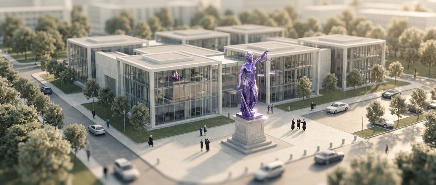 Justitia-Statue in violettem Metall vor einem Gerichtsgebäude